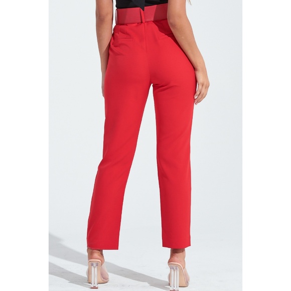 High Waist Belted Straight Ankle Pants - Picture 4 of 6